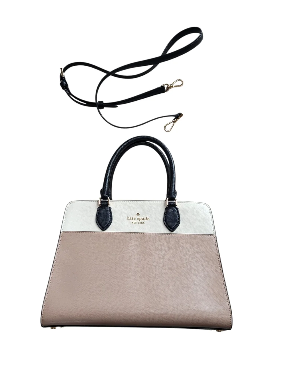 Kate Spade Womens Cream Tan Black Leather Madison Top Zip Medium Satchel